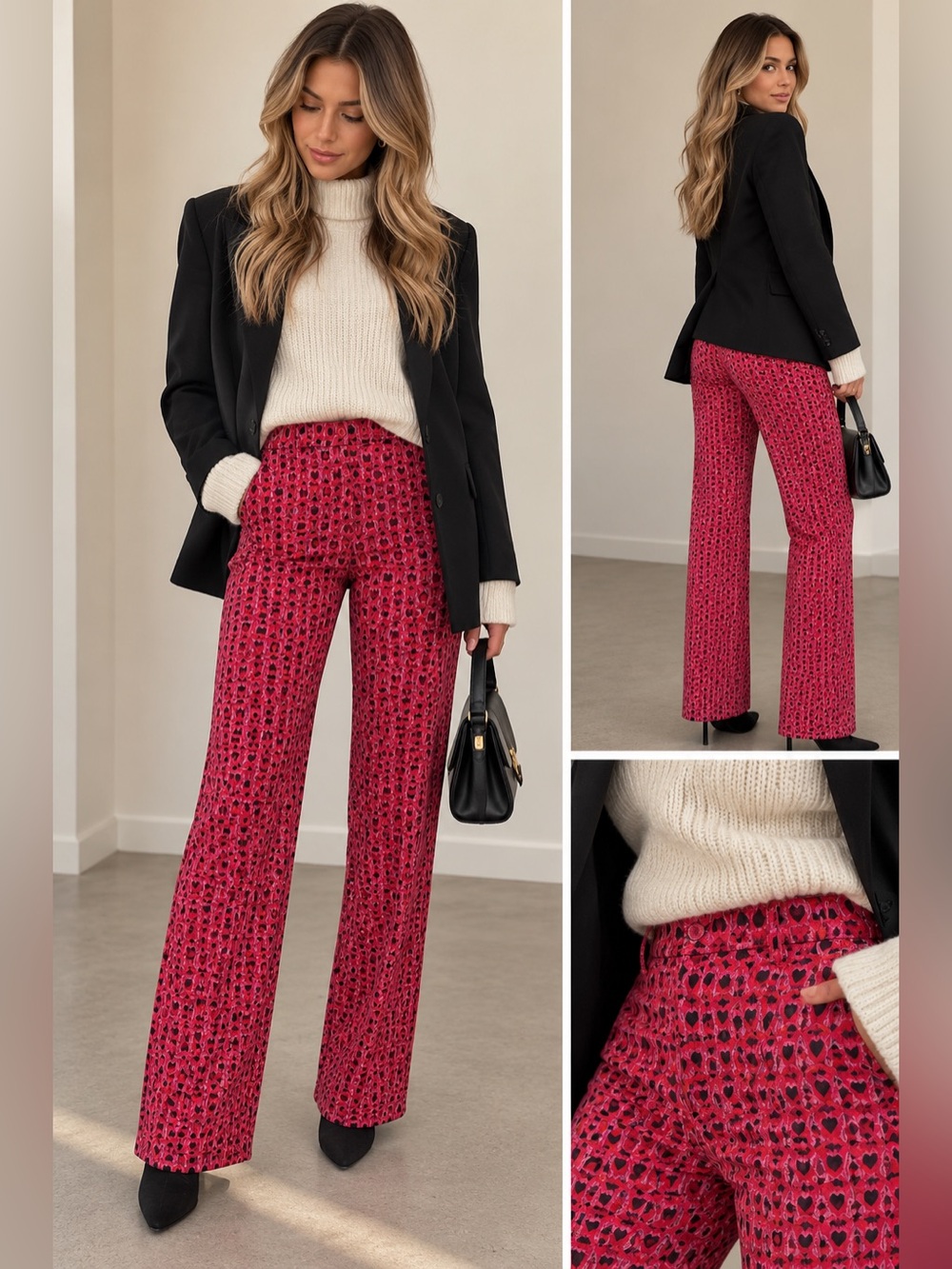 Escada Pink Black Heart Print Stretch Pants Bootcut Y2K Designer size 38